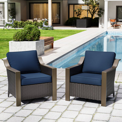 Polyethylene (PE) Wicker Wicker Outdoor Handrails Shaped Steel 2-Armrest Chairs Set Chairs with Blue Cushion