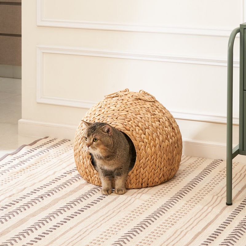 Natural Brown Water Hyacinth Woven Round Cat Bed Cave with Handles