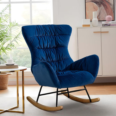 Chaise berçante rembourrée en velours Masumi avec pieds en bois massif, haut dossier et chaises berçantes