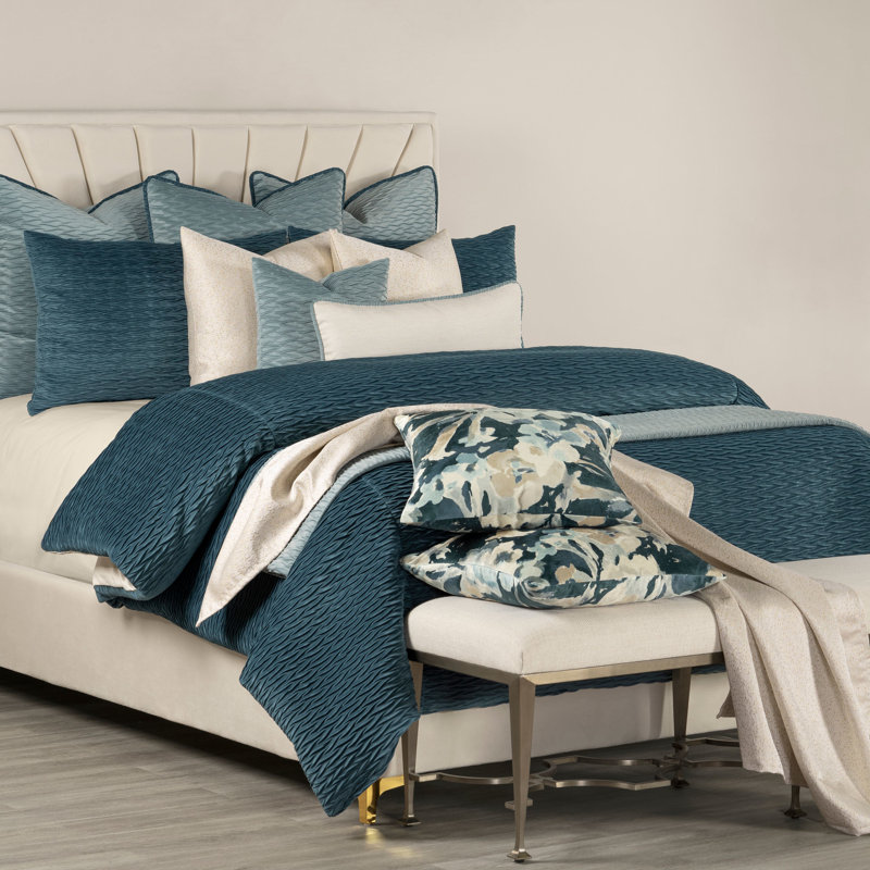 Ensemble de housse de couette et insert en velours plissé, Bleu de la baie, Housse de couette très grand et insert + 9 pièce