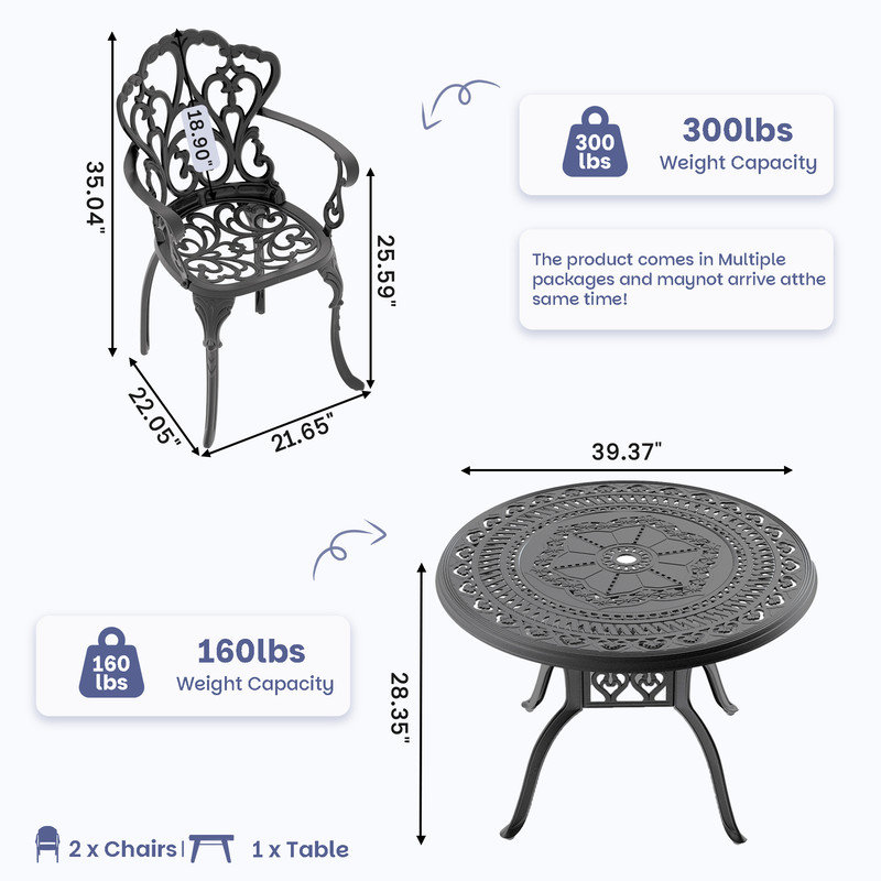 Ensemble de salle à manger bistro 3 pièces en fonte d'aluminium, table ronde de 100 cm avec trou pour parasol et 2 fauteuils avec coussins beiges