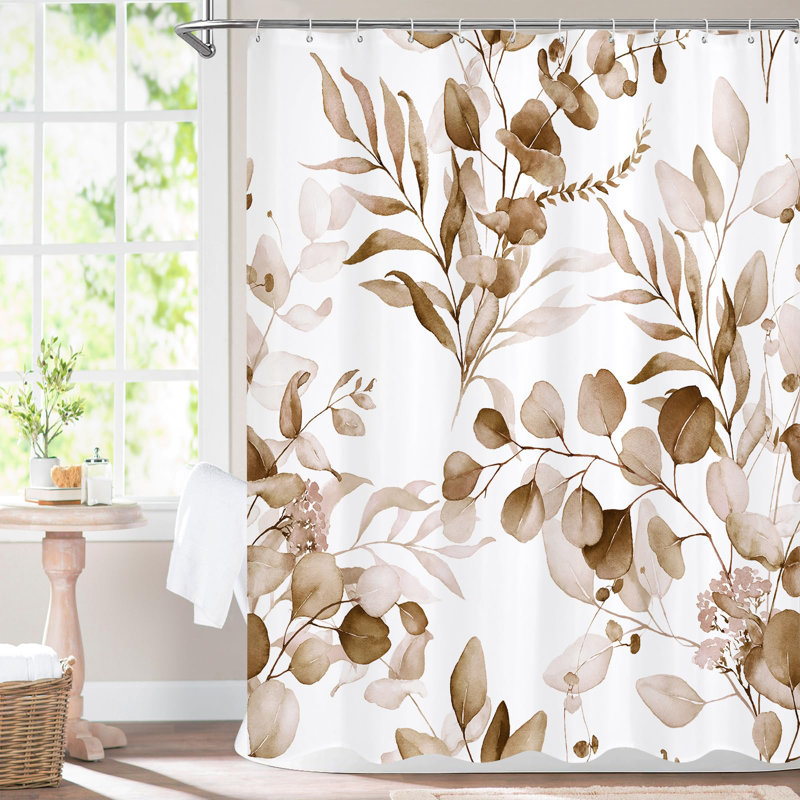 Rideau de douche à motif floral brun, rideaux de douche en tissu botanique en tissu moderne pour décoration de salle de bain rustique rétro, feuille d'eucalyptus brun clair aquarelle d'automne, 72 x 72