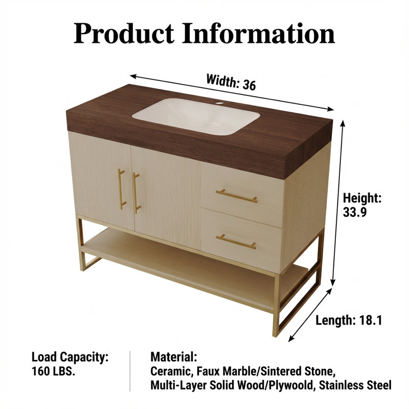 Meuble-lavabo autoportant de 36 pouces avec lavabo en céramique intégré et détails métalliques, Gold/White, Brown