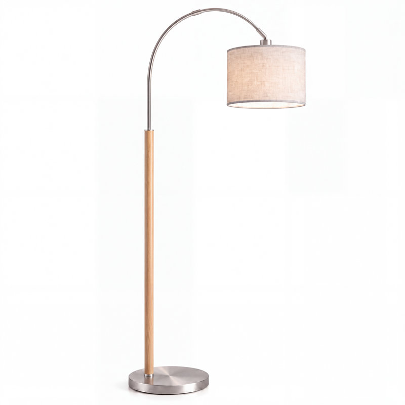 Lampe sur pied arquée argentée pour salon, en bois massif avec télécommande et ampoule ambrée, fini noyer, Walnut