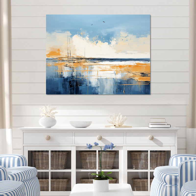 Bleu et jaune «Seaside Simplicity I» - Minimalisme côtier, impressions encadrées, H 16 po x l 32 po x P 1 po, Toile tendue