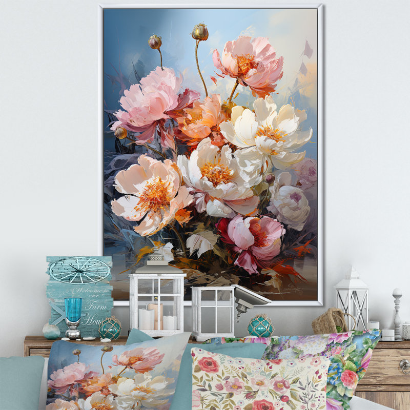 Charme de pivoines roses et blanches II, Cadre flottant blanc, H 20 po x l 12 po x P 1 po