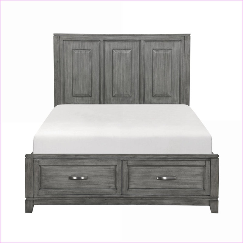 Grand lit plateforme en placage d'okoumé gris avec tiroirs de rangement, aucun lit requis