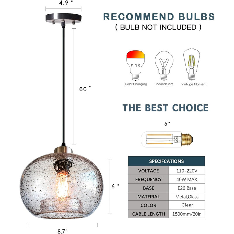 Luminaires suspendus en verre transparent soufflé à la main avec marbre noir, luminaires suspendus modernes pour îlot de cuisine rustique pour table de salle à manger, globe ovale de 8,7 po de diamètre, paquet de 2