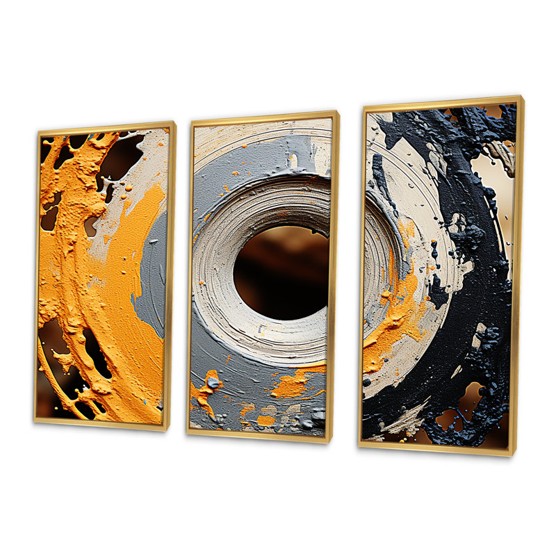 Spirale de pierre moderne gris et jaune - art abstrait spirales murales, Cadre flottant doré, H 32 po x l 48 po x P 1 po