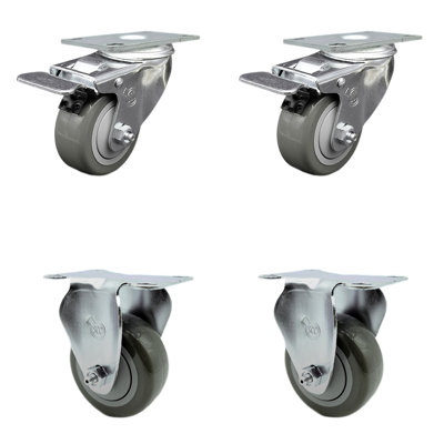 3 Inch SS Gray Polyurethane Top Plate Caster Set 2 Lock Brake 2 Rigid SCC