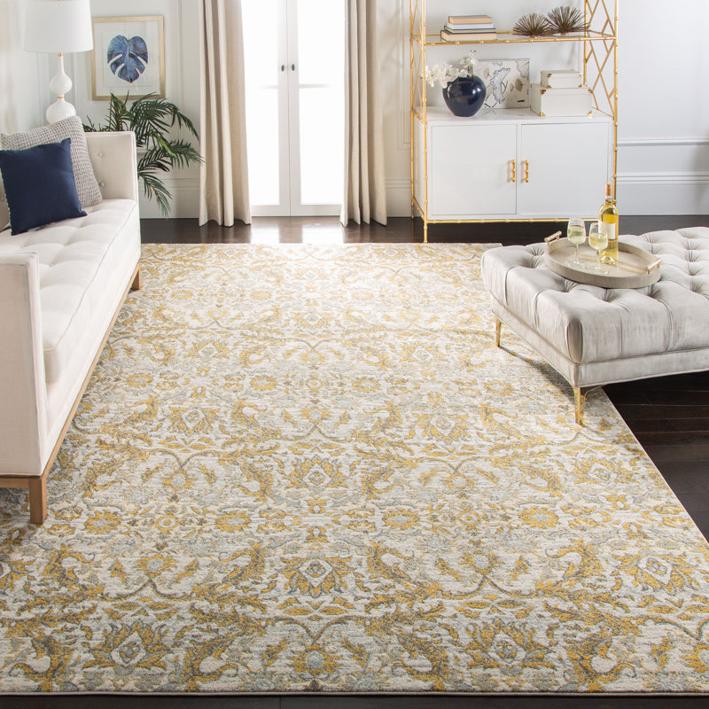 Adie Damask Ivory/Gold Area Rug, Rectangle 8' x 10'