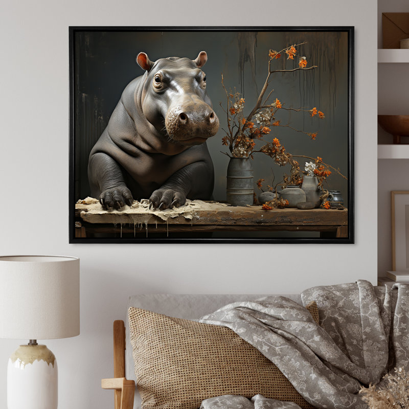 Rivers Guardian 1 - art mural hippopotame, Cadre flottant noir, H 34 po x l 44 po x P 1,5 po