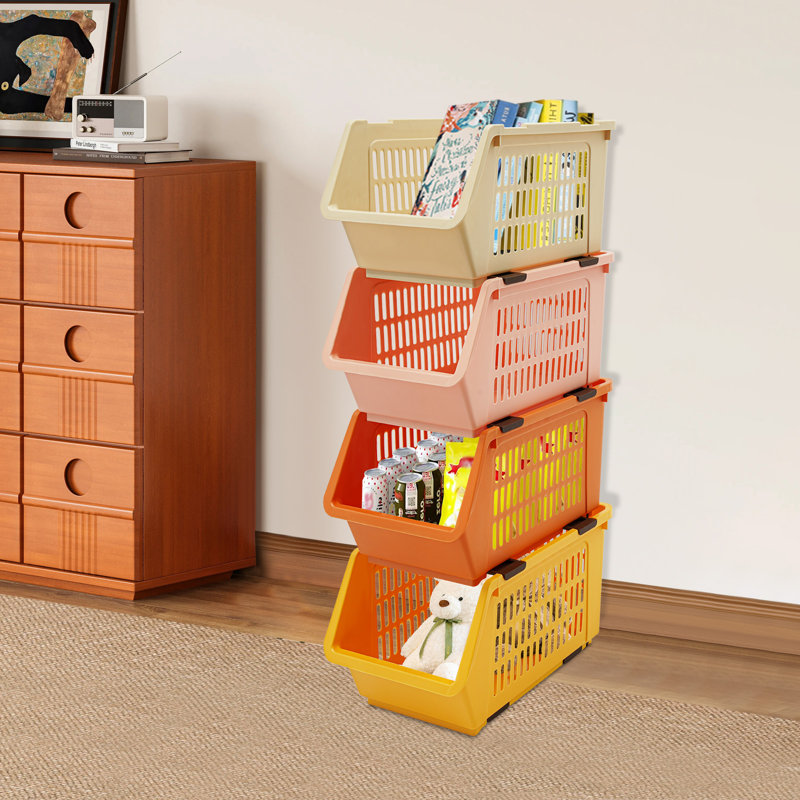 Bacs de rangement empilables rectangulaires 11 "4PCS, Orange / beige / rose / jaune