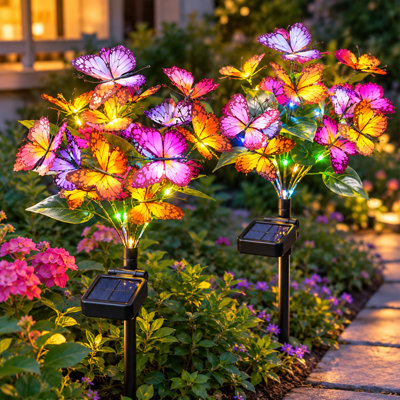 Solar Powered LED Butterfly Flower Landscape Stake Lights with Dusk-to-Dawn Sensor