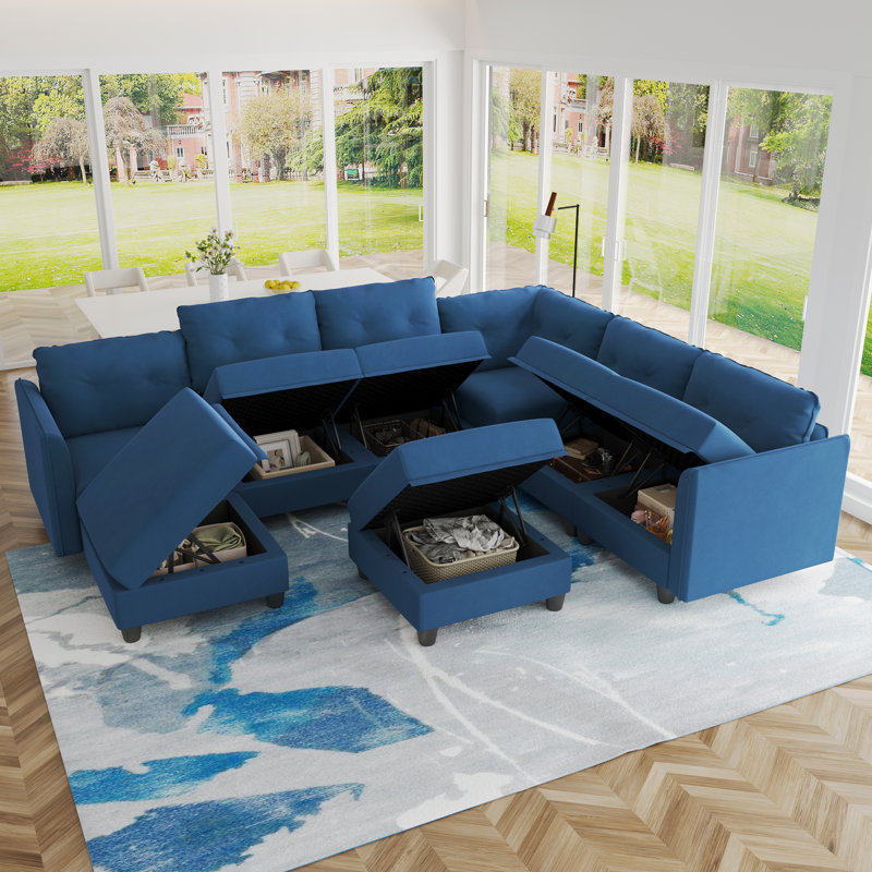 Zendajas 8 - Piece Upholstered Sectional Modular Sofa With Storage Ottoman, Blue Velvet