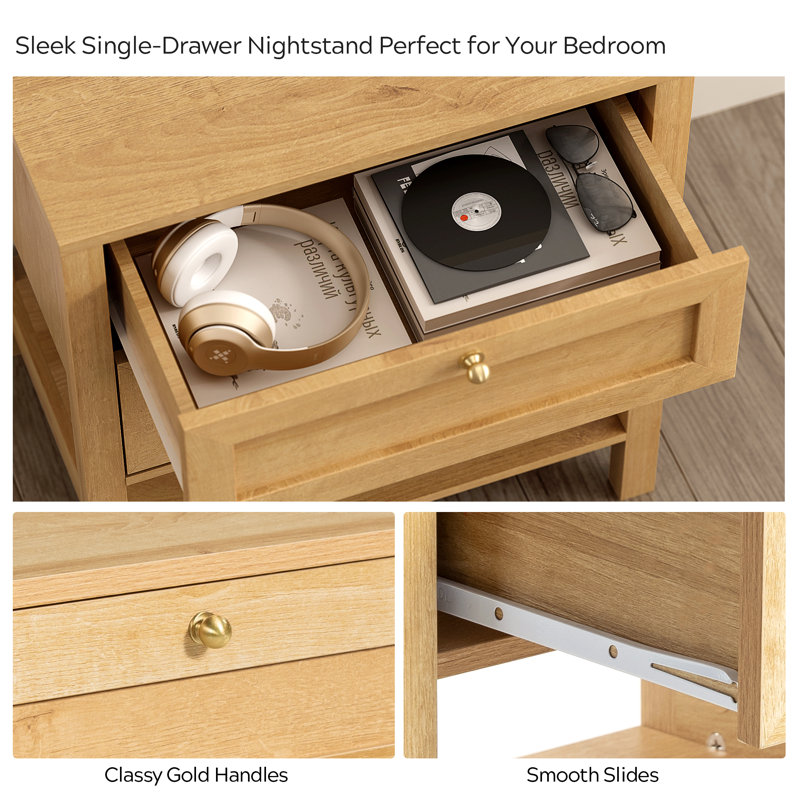 Table de chevet à 2 tiroirs en bois avec tablette, Ensemble de 2, Chêne