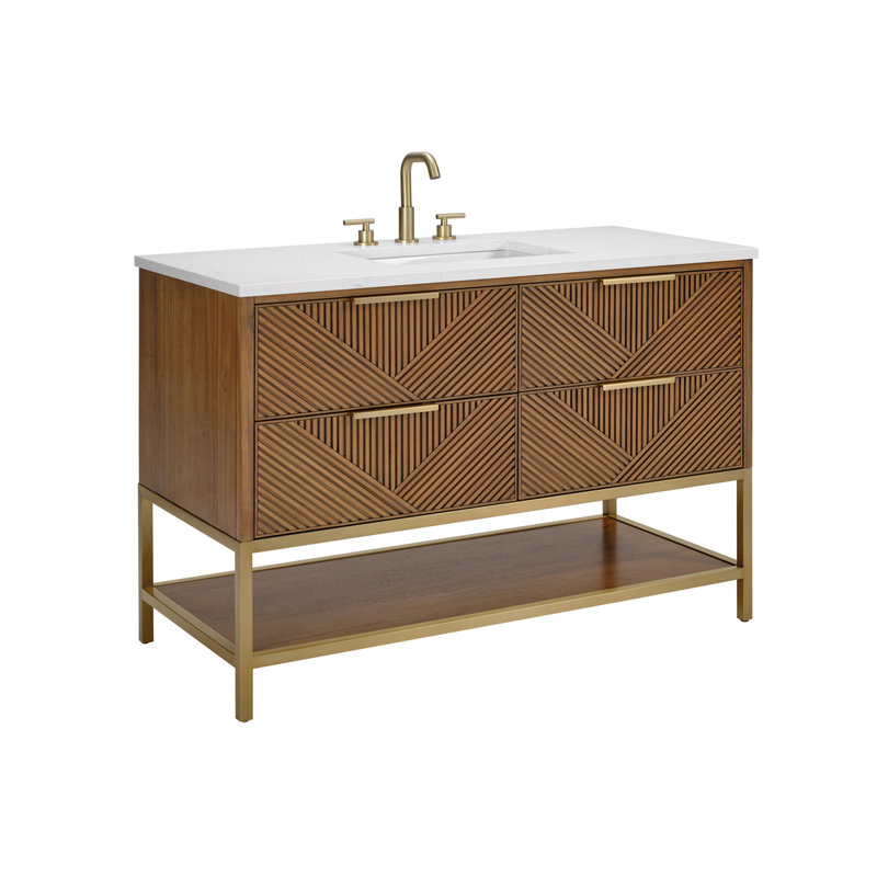 Diamond 48'' W Single Vanity, Satin Brass, Calacatta Quartz, Walnut