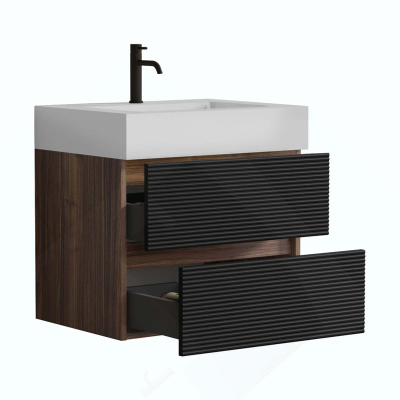 Meuble-lavabo de salle de bain avec lavabo à quartz d'ingénierie et tiroirs souples, meuble-lavabo mural flottant pour salle de bain moderne, lavabo une pièce sans drain ni robinet