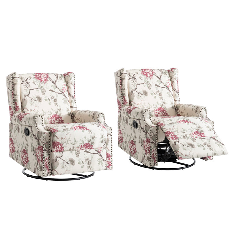 Upholstered Classic Wing Back Manual Handle Swivel Rock Glider Recliner with Naihead Trims, Plants Floral