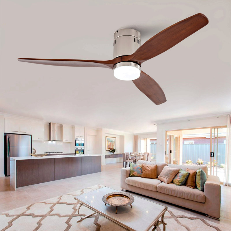 Hot Sales 52 Inch Modern Ceiling Fan With 3 Color Dimmable 3 Solide Wood Blades Remote Control Reversible DC Motor With Led Light