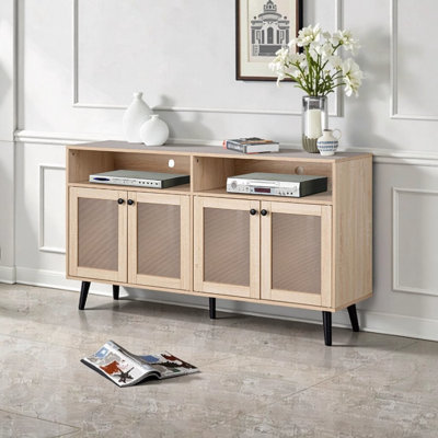 Mid-Century Modern TV Stand with Tapered Legs and Round Black Knobs, 56” W Natural Engineered Wood Media Console for Living Room, Storage Cabinet Doors