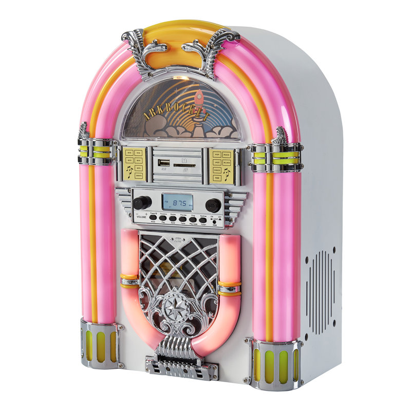 Mini-juke-box Arkeocket / lecteur CD de table / haut-parleur Bluetooth (rose / blanc)