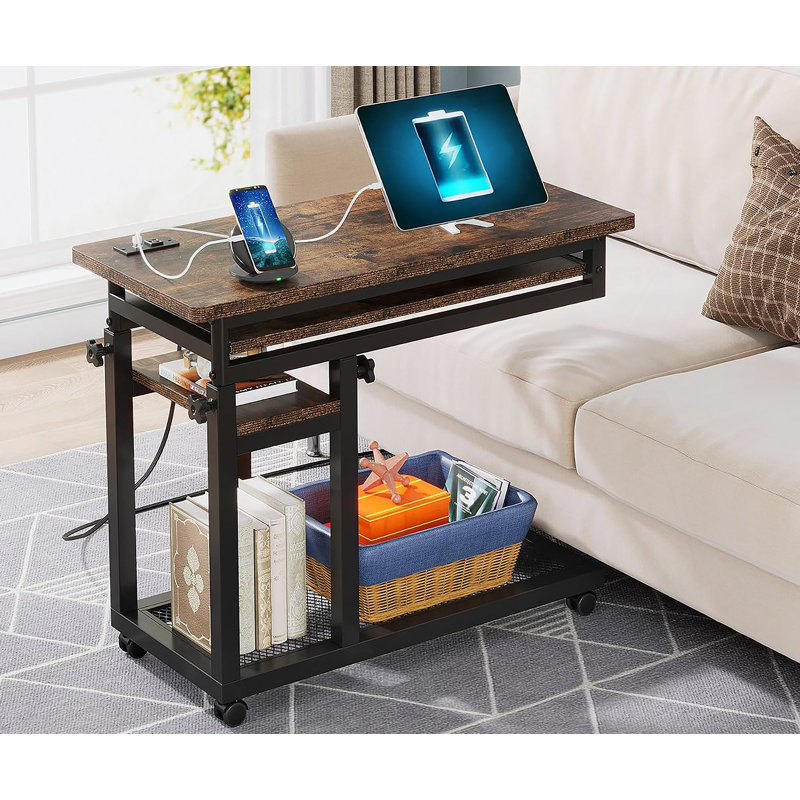 28"-39.3" Height Adjustable,Rolling C-Shaped Side Table with Keyboard Tray, Brown