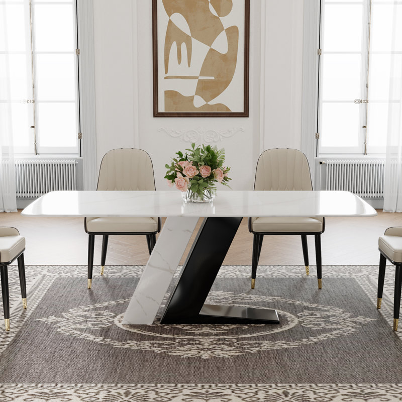 Modern White Rectangular Sintered Stone Dining Table with Z-shaped Pedestal Base, 29.53"H x 63"L x 35.43"W, Black