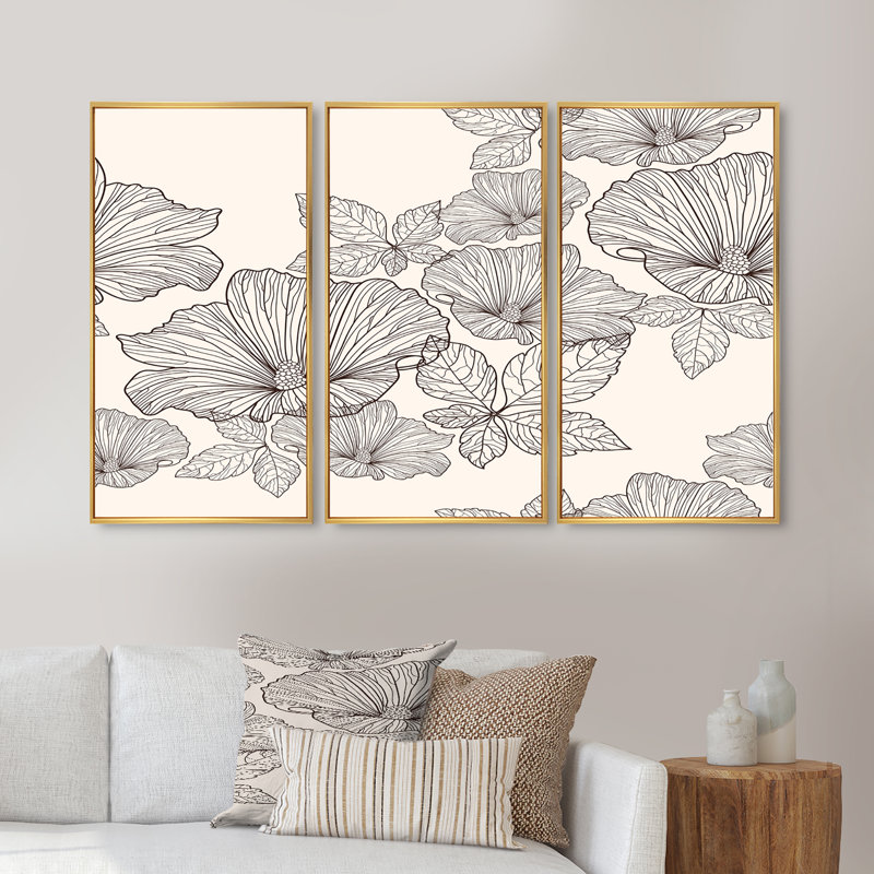 Fleurs et feuilles monochromes - ensemble d'art mural sur toile traditionnel encadré de 3, H 28 po x l 36 po x P 1 po, Or