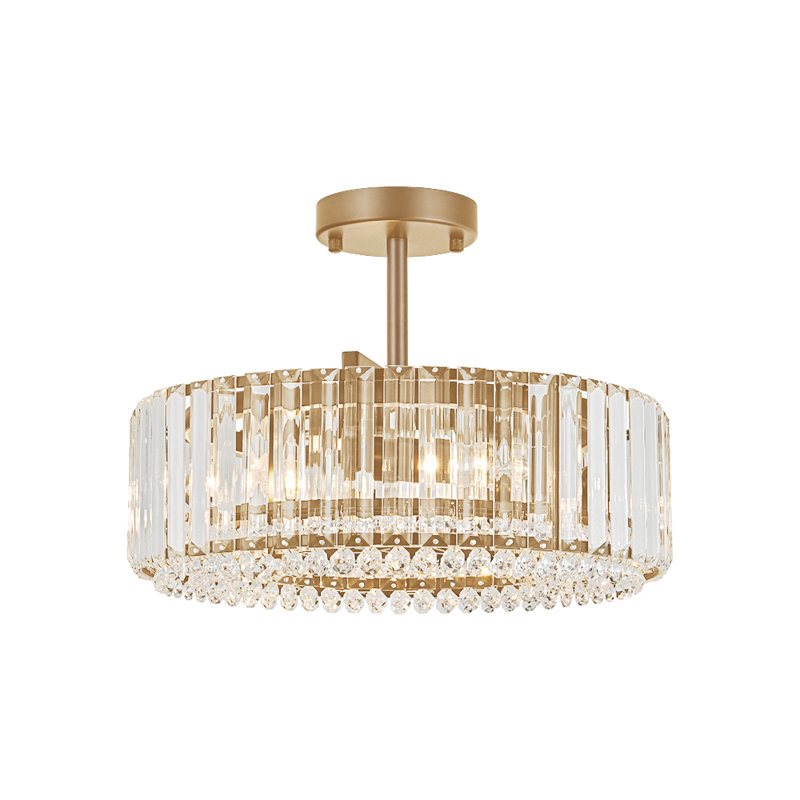 Luxury 4-Light Round Drum Crystal Semi-Flush Ceiling Light, Brass