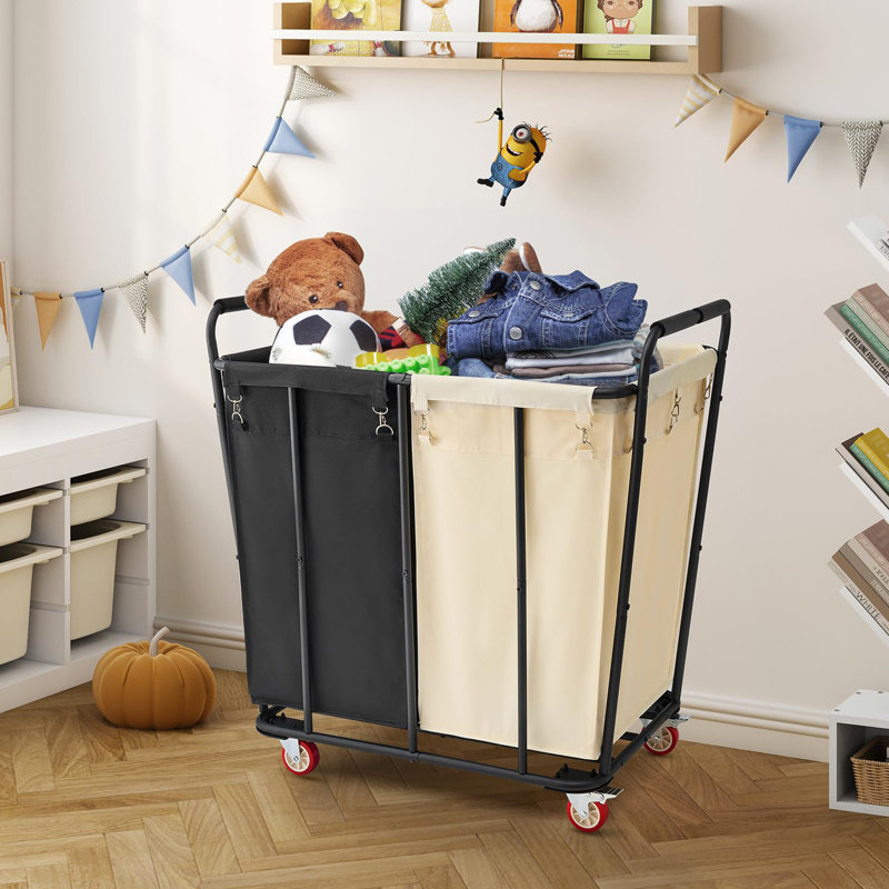 Large Rolling Laundry Hamper with Wheels, Black/Beige