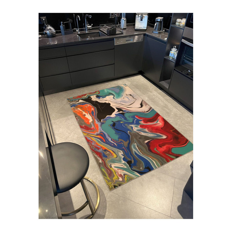 Tapis décoratif multicolore à motif aquarelle moderne lavable, Sous-tapis carré 3 pi 3 po inclus
