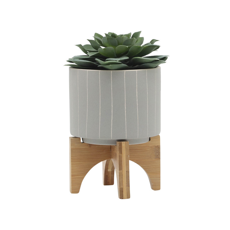 Planter on Stand Ceramic Planter on Wooden Base Contemporary Rustic Striped Design, 7" H x 5" W x 5" D, Tan