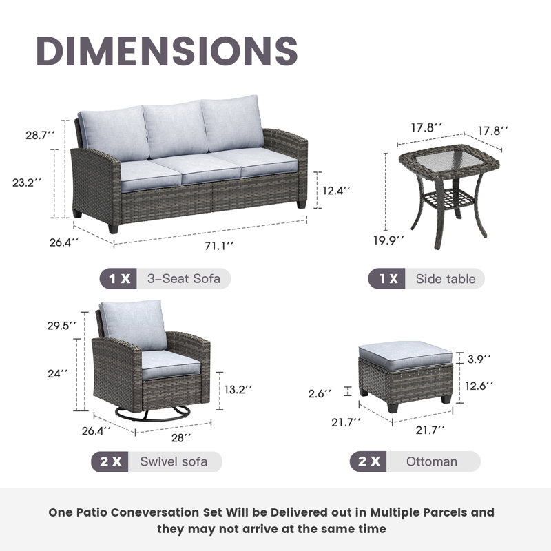 Ensemble de conversation pour patio en osier 5 personnes avec 2 chaises berçantes pivotantes et coussins