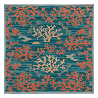 Washable Aqua and coral Nautical Area Rug