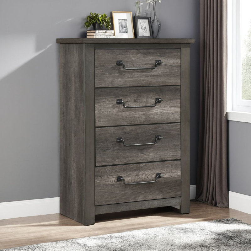 Commode haute 4 tiroirs, panneau de mélamine gris, poignées rabattables Nemy