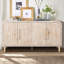 Buffet 59 po courbé rétro avec grain de bois vertical et grandes poignées en bois, tablettes réglables pour le rangement de la cuisine et de la salle à manger, blanc antique-710782960