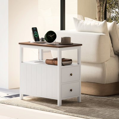 White Side Table With Charging Station, Ports, Drawers And Shelf For Living Space End Capability - Narrow Room Functional Storage