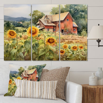 Tournesol doré à la ferme III, reproduction sur toile 3 pièces