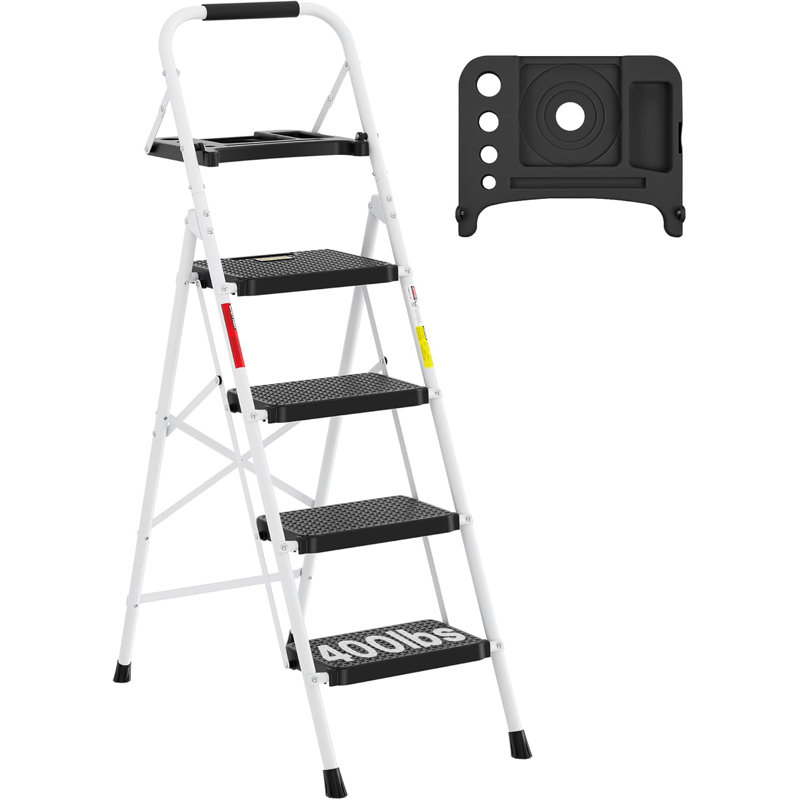 Black and White Steel Folding 4-Step Ladder with Tool Platform
