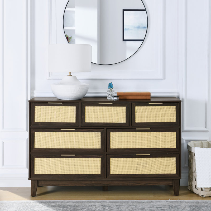 Commode 7 tiroirs avec rotin pour chambre à coucher