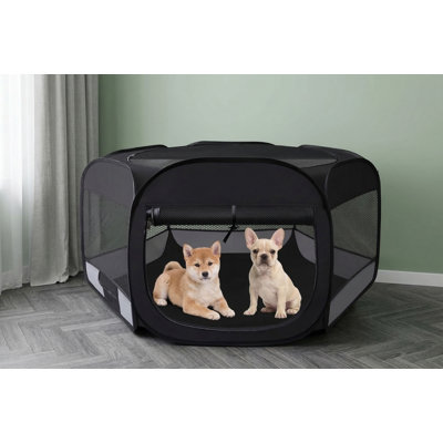 Multi-Pet Portable Enclosure, Functions as Puppy Play Area, Rabbit Containment, or Indoor Cat Tent, Collapsible Small Animal Crate Includes Carrying Case, Grey Color, Size Small