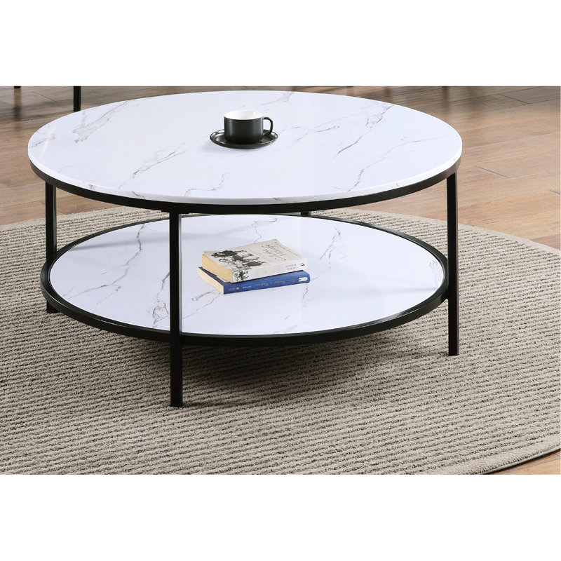 Élégante table basse noire avec plateau en faux marbre et fonction de rangement contemporaine, finition