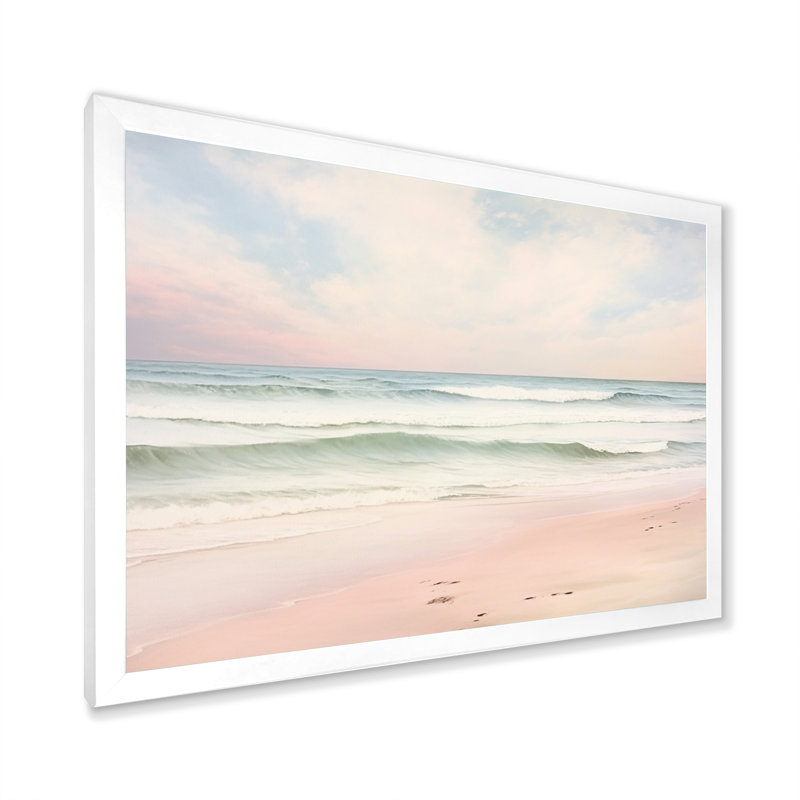 «Ocean Tranquility Tender Pink Pastel Sunrise I - Coastal Beach», art mural, H 30 po x l 40 po, Cadre photo unique, Blanc
