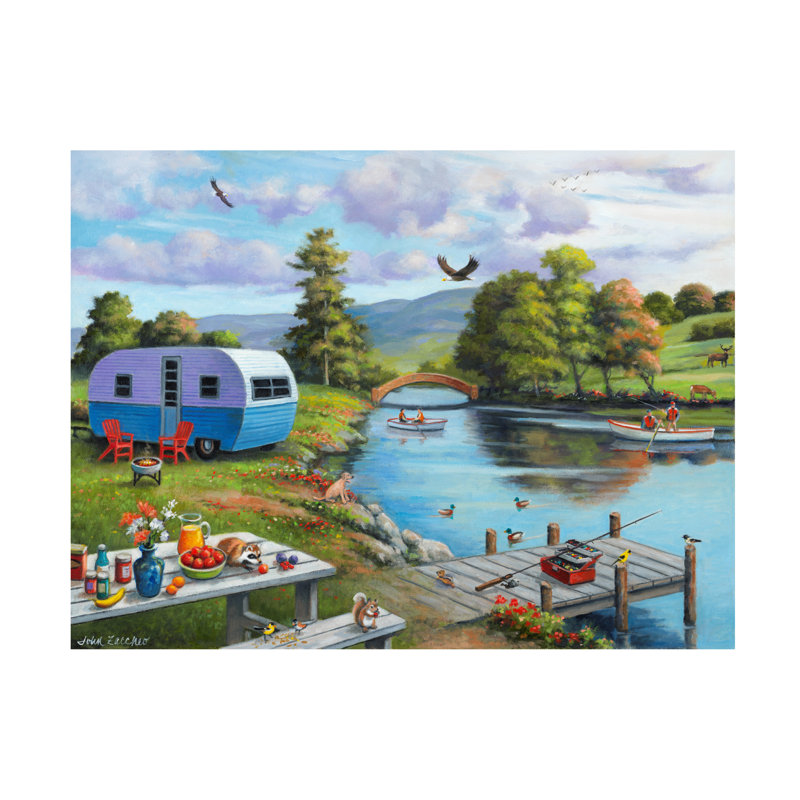 Brunetti pêche sur la rivière sur toile, H 14 po x l 19 po x P 2 po