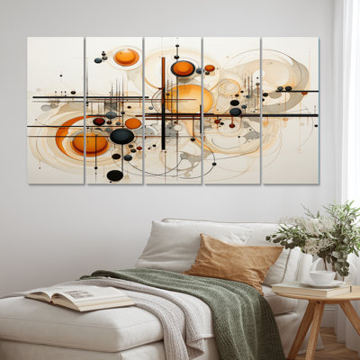 «Orange Beige Line Art Conceptual Abstracts», impression sur toile tendue 5 pièces