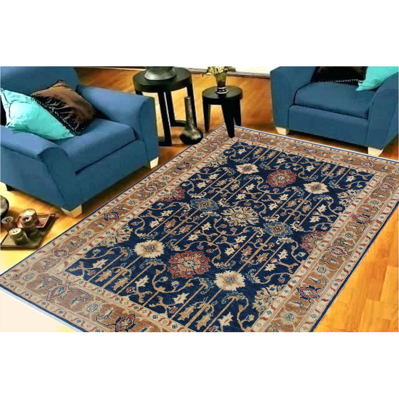 Tapis bleu / brun en laine noué à la main de style oriental rectangulaire 5 pi x 6 pi 10 po Baccio