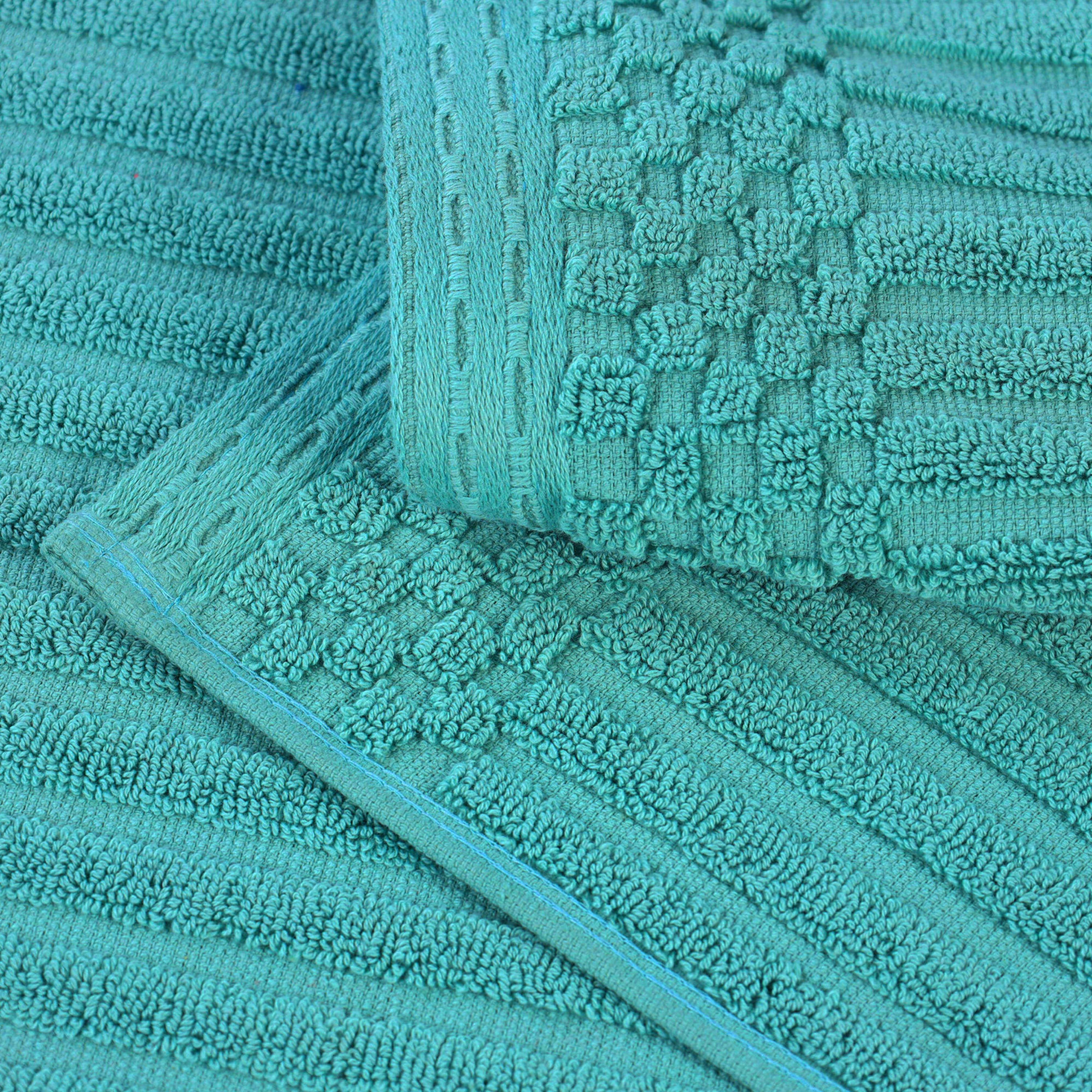 Ruvins Cotton Highly Absorbent Solid and Checkered Border Bath Towel Set, Turquoise