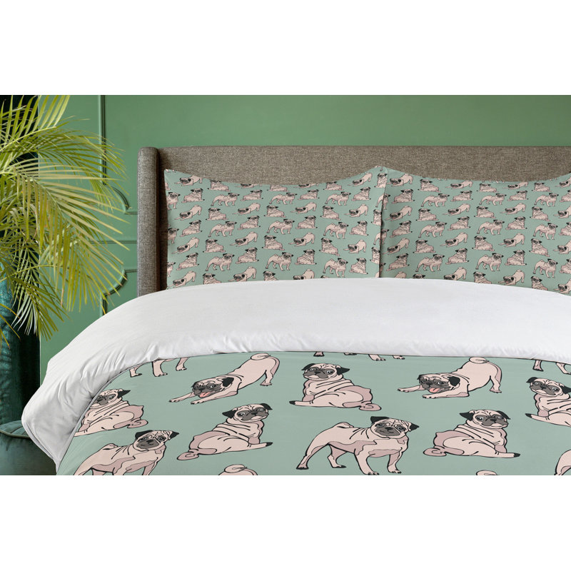 Pug Cartoon Style King Duvet Cover Set with Pillow Shams