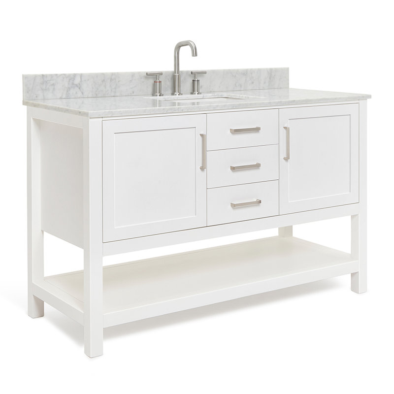55'' Single Bathroom Vanity with Carrara Marble Top, White
